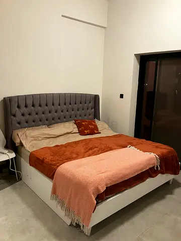 Queen bed with mattress with grey tufted headboard - good condition