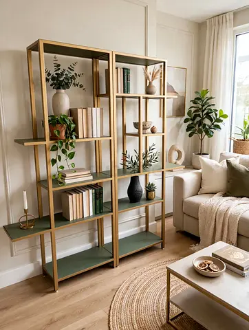 Modern Gold Metal Open Bookshelf / Display Unit (Pair)