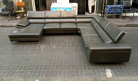 Large L-shaped Leather Sectional Sofa - Dark Grey, Good Used Condition