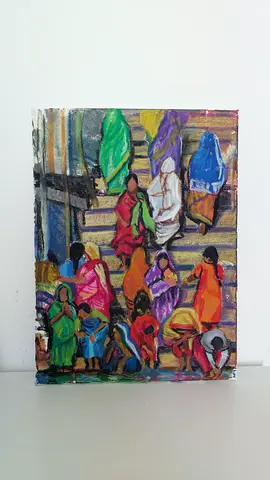 Small Hand-Painted Canvas: Colorful Market Scene