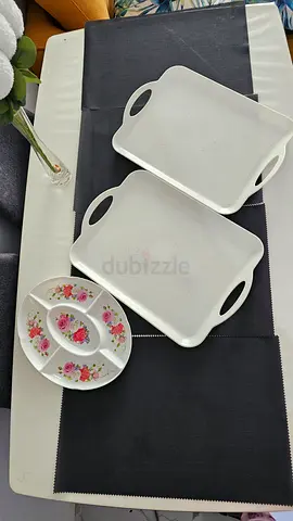 white serving trays and floral partition dish - plastic