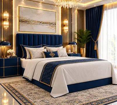 New King size bed upholstered bed with navy velvet headboard storage bed modern king bed