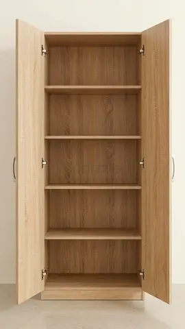 Tall oak-effect storage cabinet with double doors and shelves.