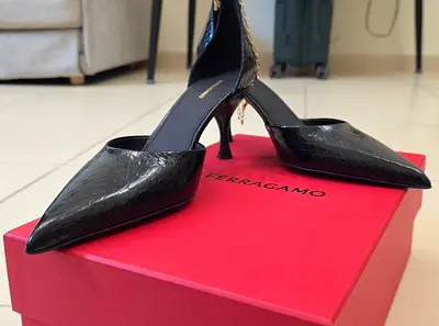Black Ferragamo Pointed Toe Kitten Heel Mules - Size 9