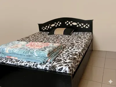 Queen wooden bed frame with mattress - black, good condition