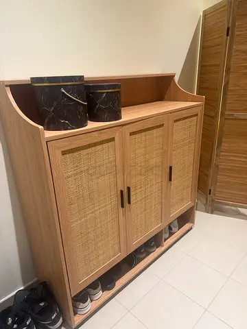 Wooden Shoe Cabinet with Woven Rattan Doors - Light Oak finish