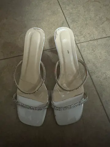 White square-toe heeled sandals with rhinestone straps, size 39