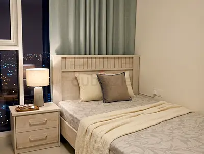 Single wooden bed with mattress and bedside table - Beige