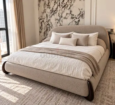 Beige Upholstered Platform Bed Frame with Curved Wood Legs - king