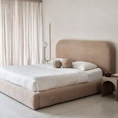 Beige Upholstered Queen Bed with Curved Headboard - Modern Bouclé Finish