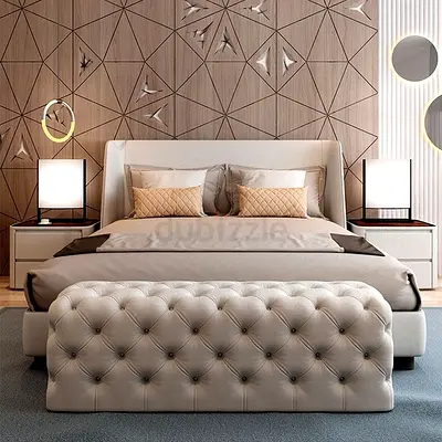 King-size upholstered bed with tufted bench — modern neutral set