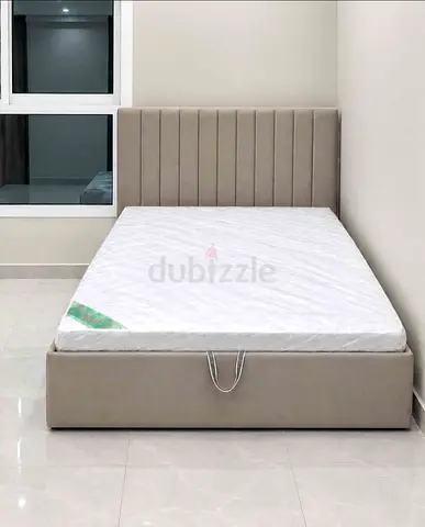 New Queen Size Storage Bed with Upholstered Headboard - Light Beige