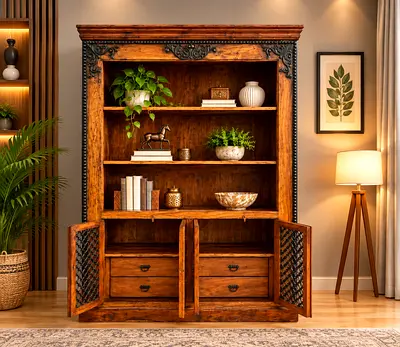 Marina Home Solid Wood Antique Bookshelf With Storage Drawers