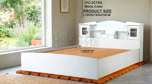 White Wooden Storage Bed with Headboard Shelves - Queen/Double