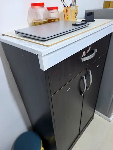 Compact dark wood storage cabinet with top drawer - good condition
