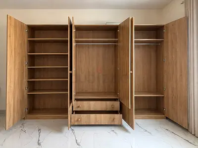 Used 6-door Wooden Wardrobe with Shelves and Drawers - Good Condition