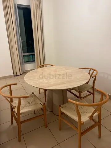 Ebarza marble effect round dining table with 4 woven-seat wooden chairs - light wood