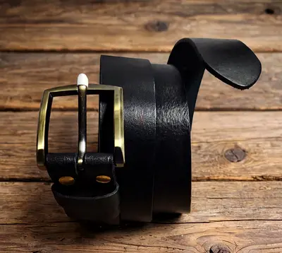 Classic Black Leather Belt with Brass Buckle
