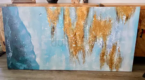 Large Abstract Coastal Landscape Canvas Painting (Blue & Gold) 180x90 cm