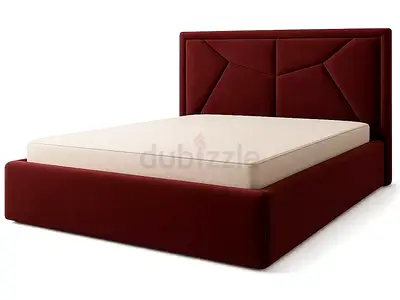 Queen upholstered bed frame with padded headboard - wine red