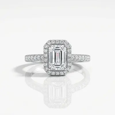 18K White Gold 1.67 ct Emerald Cut Diamond Halo Ring - IGI Certified