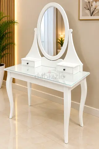 White Wooden Dressing Table with Oval Mirror and Glass Top