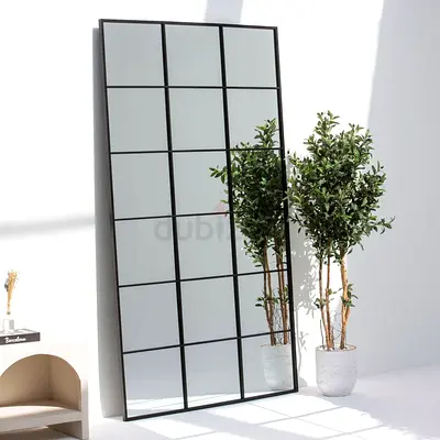 Large Leaning Grid Full-Length Mirror with Black Frame