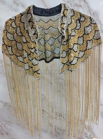 Vintage beaded shoulder cape with long gold fringe 1.09kg