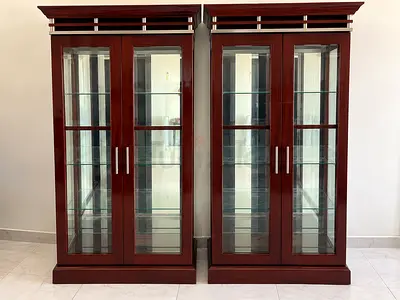 2 Pair of Tall Wooden Glass Display Cabinets - Mahogany Finish