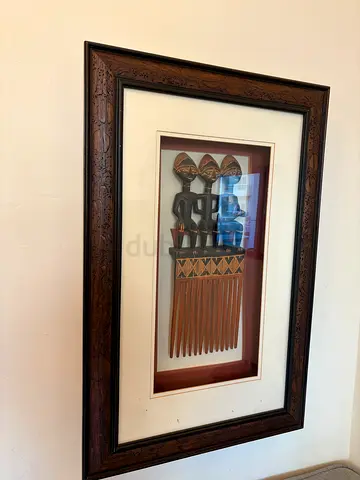 Framed Carved Wooden Akan-Style Comb with Three Seated Figures – Wall Art