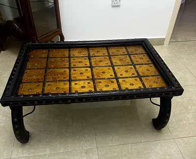Vintage Low Wooden Coffee Table with Inlaid Tile Top