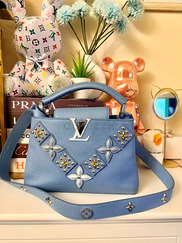 Authentic Light Blue Louis Vuitton Capucines BB Embellished Leather Handbag - Selling low!