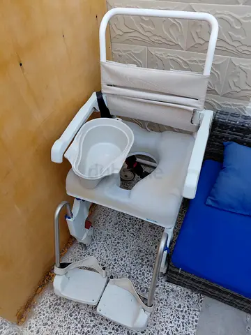 Portable Shower + Commode/Toilet Chair with Removable Basin, Footrests on wheels with stopers