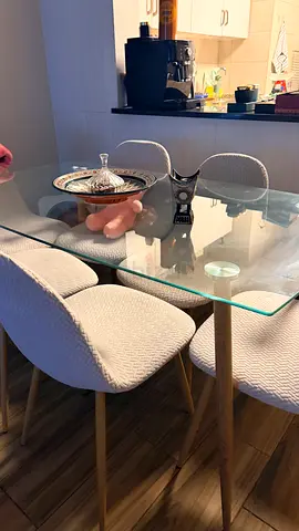 Premium Glass Dining Table with 6 Upholstered Chairs - Light Wood Legs