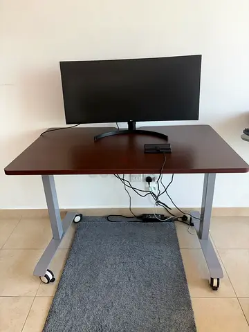 Modern Computer Desk (Dark Wood Finish) with Metal Frame & Wheels