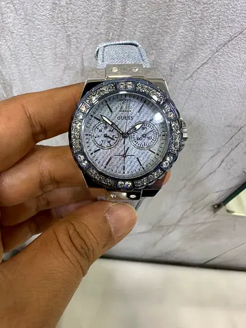 Silver Guess men's chronograph watch with crystal bezel