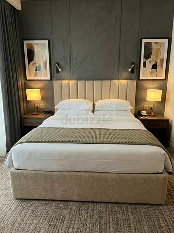 Comfortable Upholstered Bed – Thick Cushioned Headboard – Soft Beige Fabric