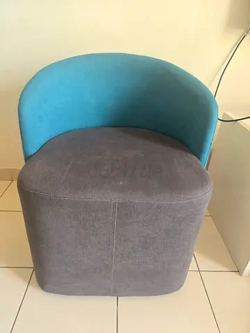 Compact upholstered lounge chair with ottoman - light blue & grey