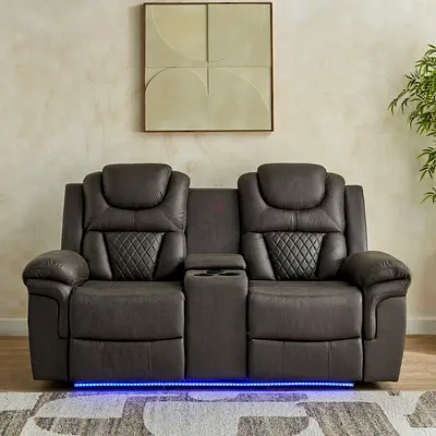 New Miranda 2-Seater LED Strip Fabric Recliner with Console and Wireless Charging