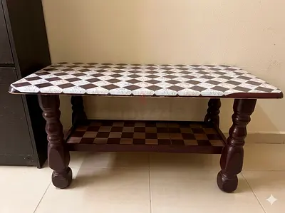 Wooden Chess-pattern Coffee Table with Lower Shelf - Good Condition