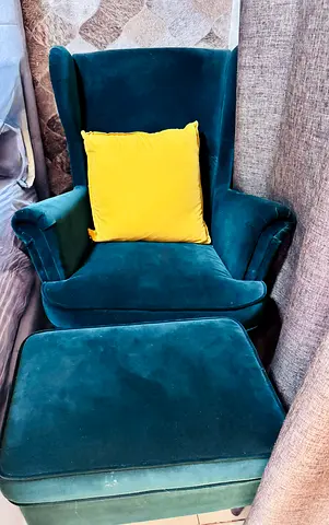 Green Velvet Wingback Armchair with Ottoman - Good Condition ikea with foot stool