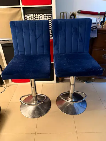 Pair of Blue Velvet Adjustable Bar Stools with Chrome Base