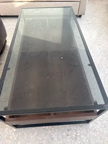 Glass Top Coffee Table with Metal Frame and Wooden Shelf & sofa