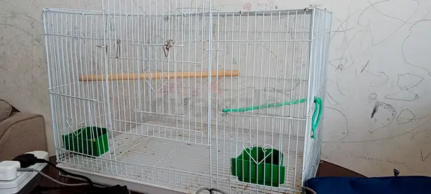 White Metal Bird Cage with Perches and Feeders - EXCELLENT CONDITION