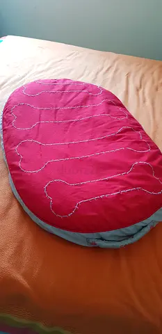 Red & Grey Oval Dog Cushion Bed – Stitched Bone Design & Carry Handle
