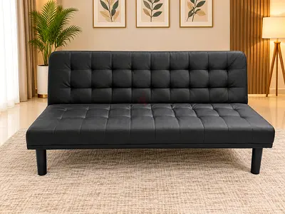 Black Tufted Faux Leather Sofa Bed - Compact Convertible Futon