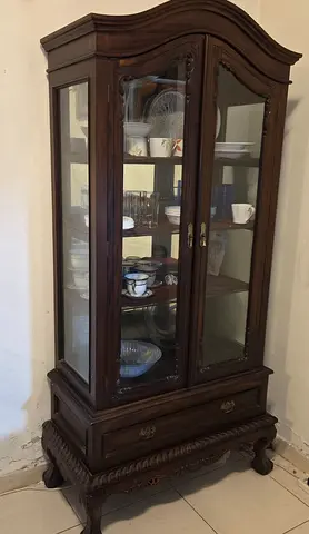 Antique-style Wooden Display Cabinet with Glass Doors and Drawer