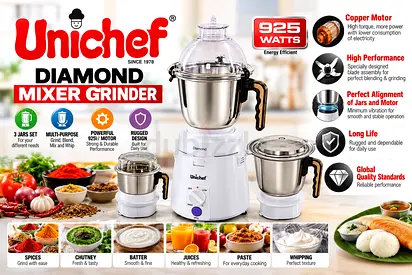 Unichef Diamond 925W Mixer Grinder – 3 Jars | Sujata Dynamix Style