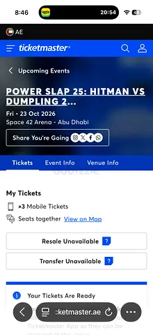 3 x Tickets - POWER SLAP 25: HITMAN VS DUMPLING, 23 Oct, Abu Dhabi (section F - Row L - seat 8-9-10