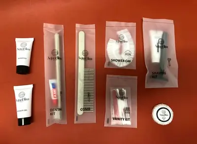 Hotel toiletry kit set — shampoo, shower gel, dental & vanity items (new)